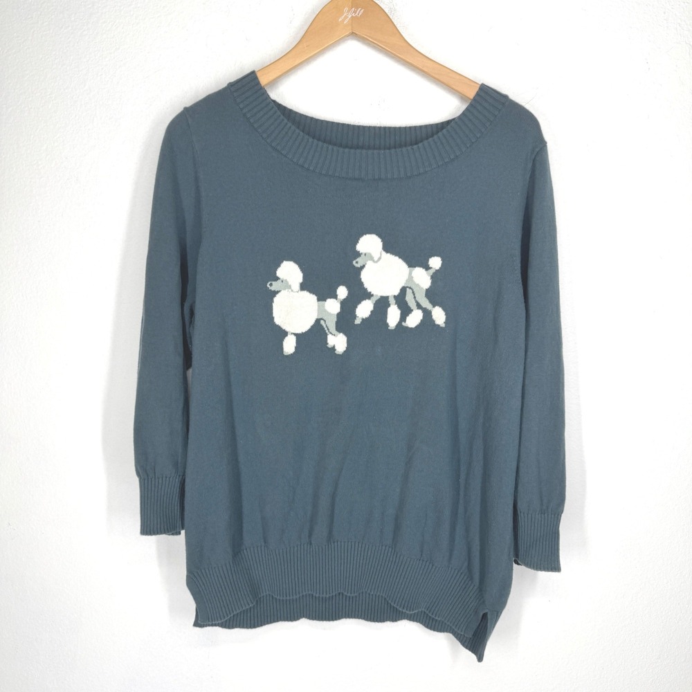 Loft Blue Poodle Dog Graphic Cotton Knit Sweater Size XL 3/4 Sleeve Pullover
